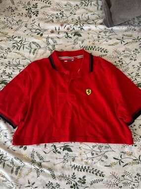 Ferrari Red Polo Crop Top with Black Trim and Shield Patch